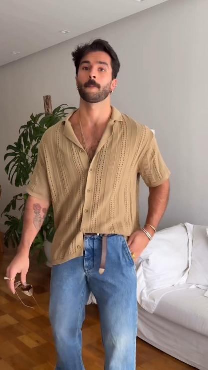 Men's Casual Knitted Cardigan Men's Summer New Style Solid Color Lapel Hollow Breathable Men's Short-Sleeved Top