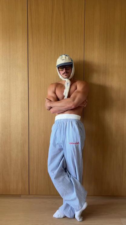 Men's Blue Vertical Striped Wide-Leg Pants Straight Loose Casual Trousers