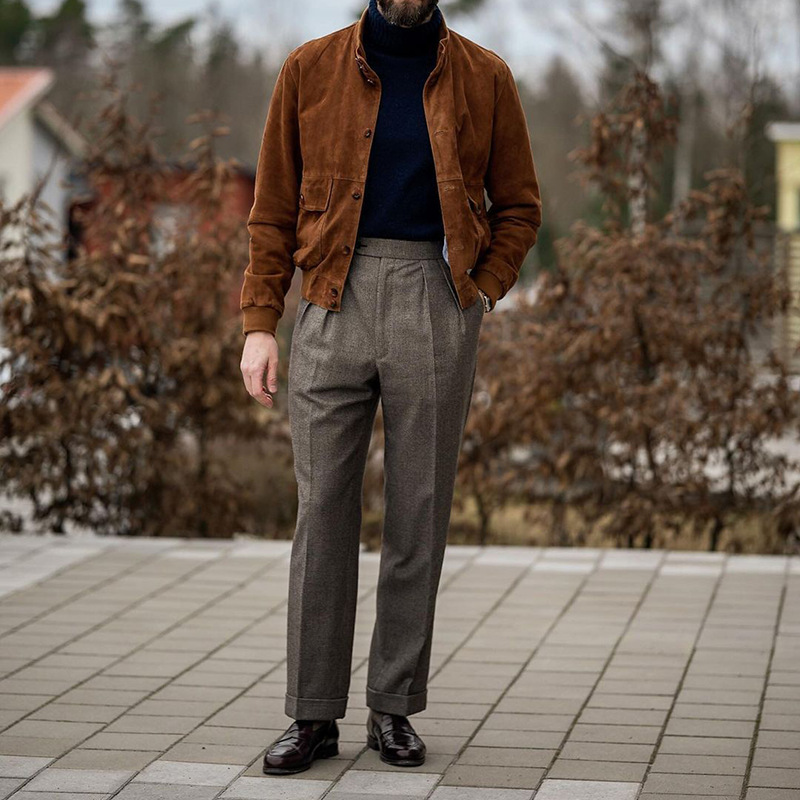 New Men's Fall And Winter Stand Collar Jacket, British Style Autumn Coat, Brown Single-Breasted Autumn Outerwear with Large Pockets