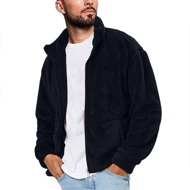 Minimalist Men's Warm Plush Jacket Coat, Solid Color Stand Collar Zip Front Sweatshirt, Casual Fall Winter Outerwear for Everyday Wear