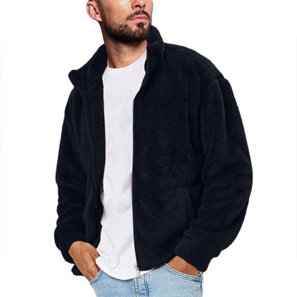 Minimalist Men's Warm Plush Jacket Coat, Solid Color Stand Collar Zip Front Sweatshirt, Casual Fall Winter Outerwear for Everyday Wear