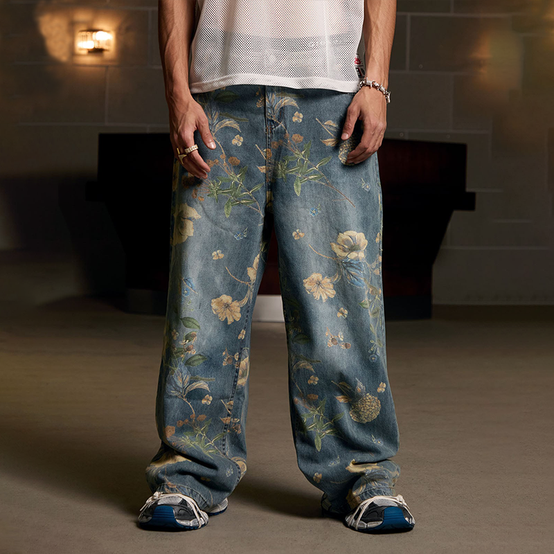 Men's Vintage All-Over Floral Print Washed Jeans, Casual Streetwear Wide Leg Denim Pants