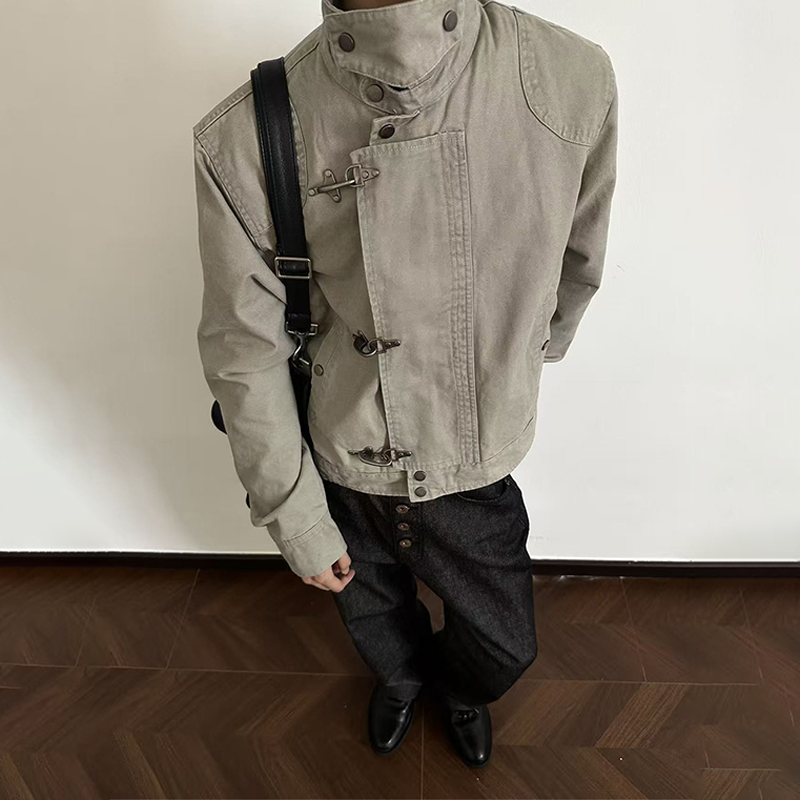 Men's Heavy Cotton Work Jacket, Lobster Clasp Stand Collar Short Coat, Clean Fit Workwear Style Short Coat