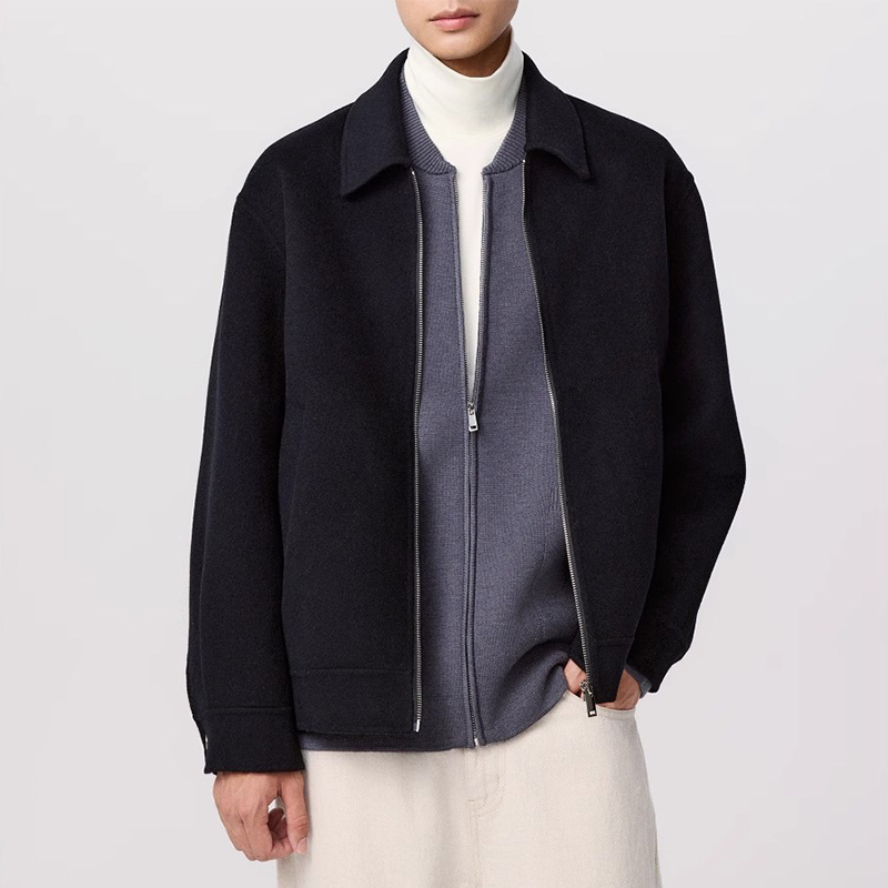 Men's Executive Wool Bomber, Zipper Front Notch Lapel Coat, Short Style Business Casual Winter Jacket