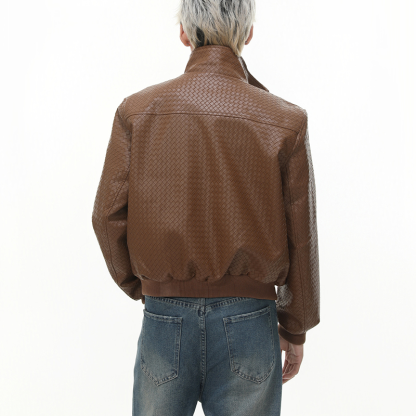 Men's Vintage Biker Short PU Leather Jacket, Unique Diamond Woven Texture Stand Collar Coat