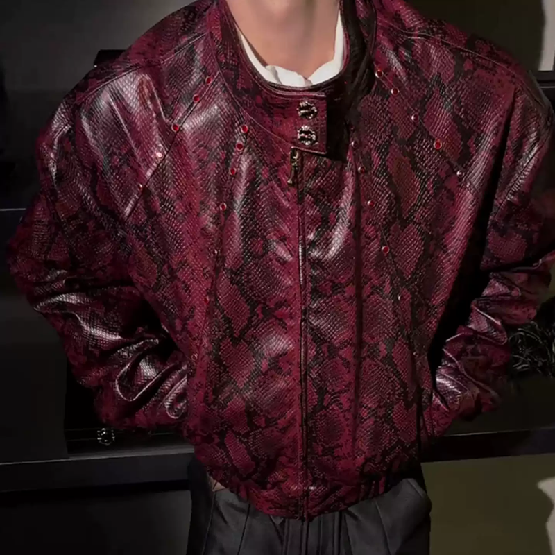 New Men's Python Texture Leather Jacket, Red Gem Studded Stand Collar Punk Coat