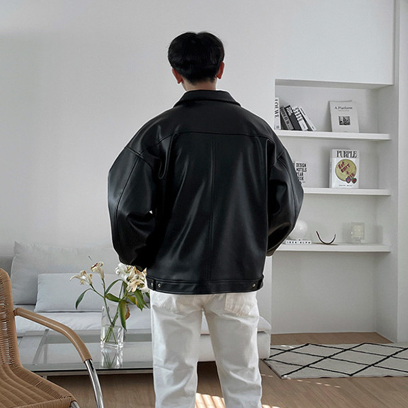 Classic Black Leather Jacket For Men, Casual Baseball Bomber Jacket, Versatile Motorcycle Style Jacket For Everyday Wear