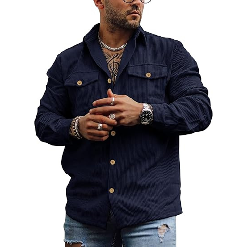 2025 Men's Corduroy Button Shirt Jacket Retro Striped Workwear Double Pocket Utility Design