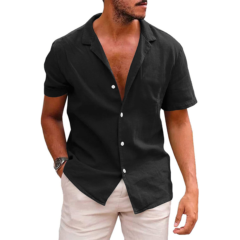 Men's Linen Cotton Short Sleeve Camp Shirt, Breathable Vacation Style Open Collar Button Shirt, Summer Essential