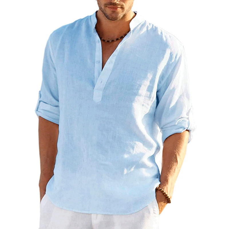Men's Collar Linen-Cotton Shirt - Breathable Long Sleeve Minimalist Shirt for Casual & Business Wear