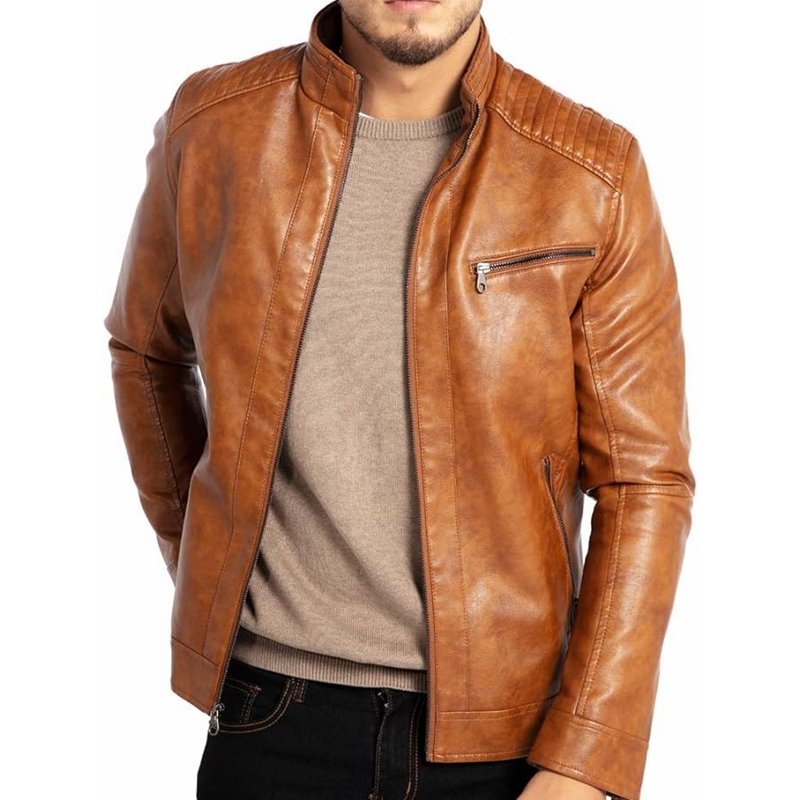 Men's Stand Collar Leather Jacket Motorcycle Lightweight Faux Leather Outwear