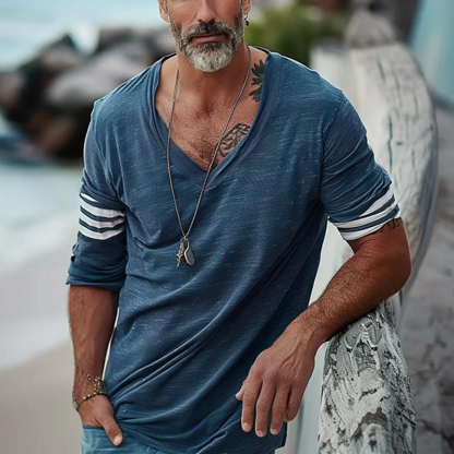 Men's Loose V-Neck Striped Patchwork Long-Sleeved T-Shirt