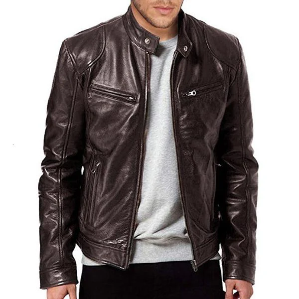 Men's Stand Collar Slim Fit Zip Pocket Leather Jacket