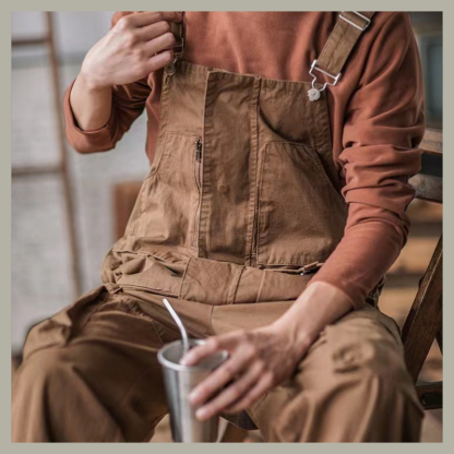 Men's Heavy Duty 1000gsm Cotton Work Clothes - Straight Leg Utility Pants With Adjustable Suspenders And 8+ Multi-Function Pockets