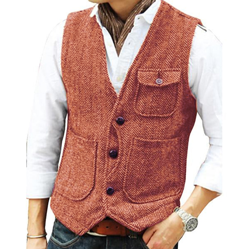 Men’s V-neck Single-breasted Tweed Vest