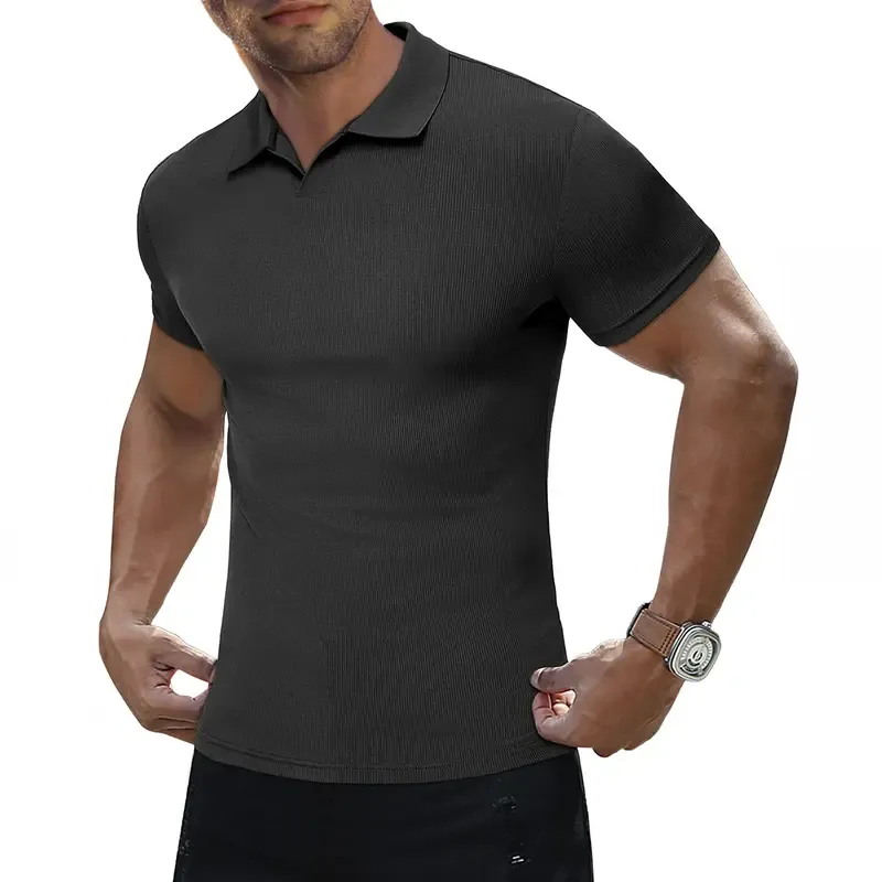 Men's Muscle V Neck Polo Shirts Casual Short Sleeve Slim Fit Ribbed Golf T Shirt Athletic Tee