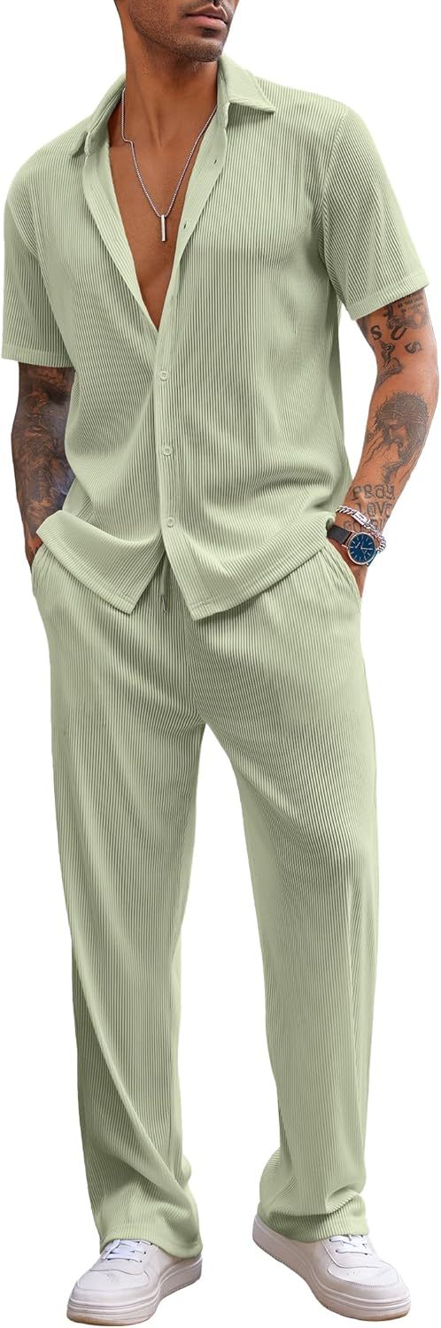 Men's 2 Piece Outfit Casual Short Sleeve Button Down Shirt Beach Summer Loose Pant Sets