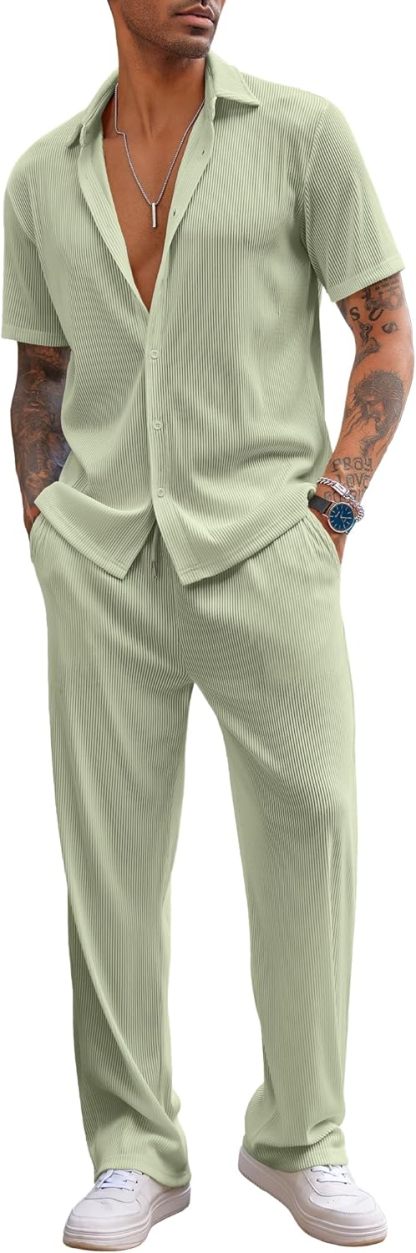 Men's 2 Piece Outfit Casual Short Sleeve Button Down Shirt Beach Summer Loose Pant Sets