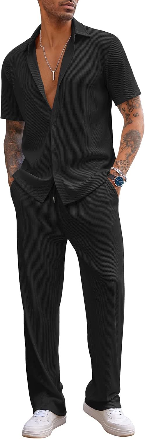 Men's 2 Piece Outfit Casual Short Sleeve Button Down Shirt Beach Summer Loose Pant Sets