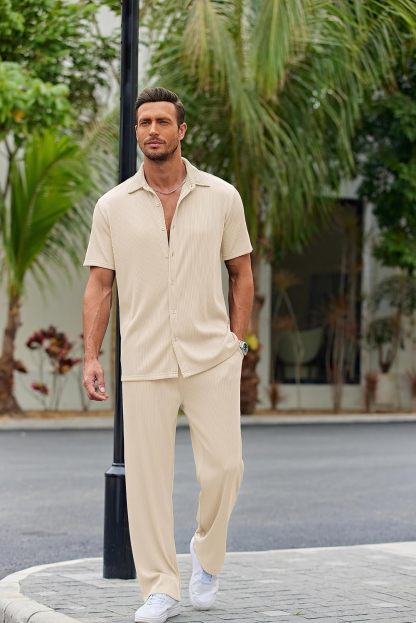 Men's 2 Piece Outfit Casual Short Sleeve Button Down Shirt Beach Summer Loose Pant Sets