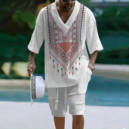 Men's V-neck Short Sleeve Casual Shorts Set - Tribal Print Casual Ethnic Style