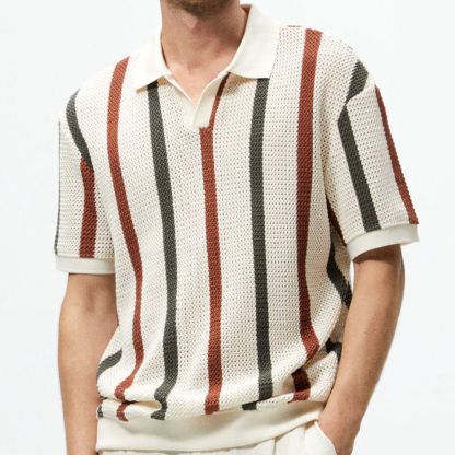 Stylish casual striped knitted short-sleeved polo shirt
