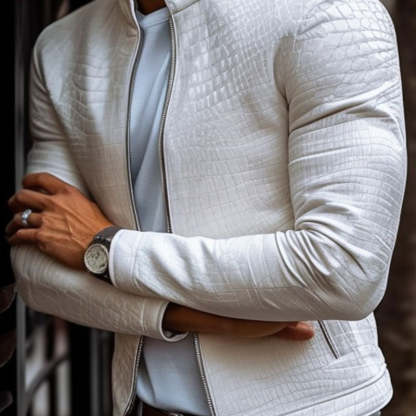 Men's Fashion Stone Pattern Stand Collar Zipper Slim Fit Leather Jacket