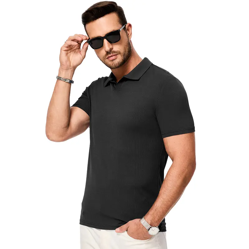 Men's Muscle V Neck Polo Shirts Casual Short Sleeve Slim Fit Ribbed Golf T Shirt Athletic Tee