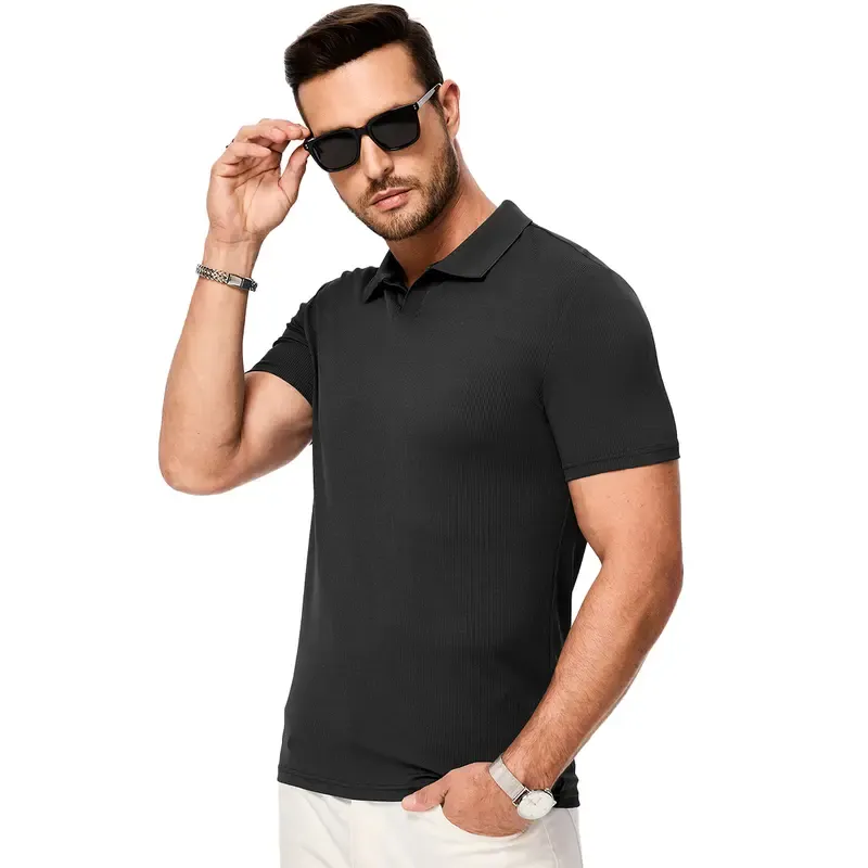 Men's Muscle V Neck Polo Shirts Casual Short Sleeve Slim Fit Ribbed Go