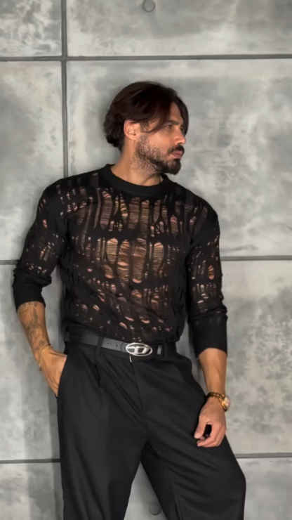 Men’s Hollow Out Knit Sweater – Loose Fit See-through Mesh Pullover with Fringe Details, Wabi-Sabi Aesthetic Street Style