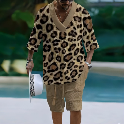 Men's V-Neck Tee And Lounge Shorts Set - Bold Leopard Print With Solid Accents