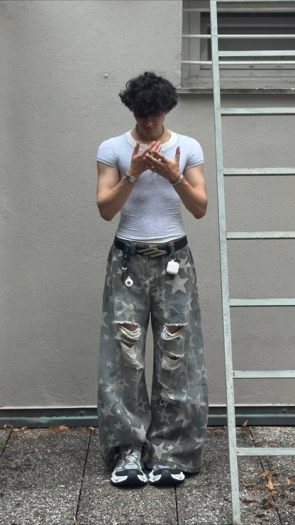 Unisex Vintage Star Print Distressed Jeans – American Retro Punk Style Wide-Leg Denim Pants for Streetwear Lovers