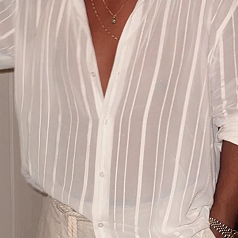 Men's White Semi-Sheer Striped Button-Down Shirt