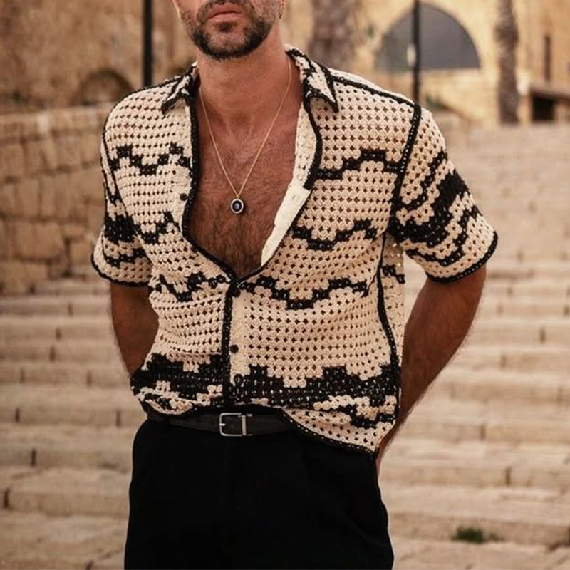 Men's Crochet Black & White Contrast Shirt, Bohemian Beach Shirt, Fashionable Y2K Hollow Top