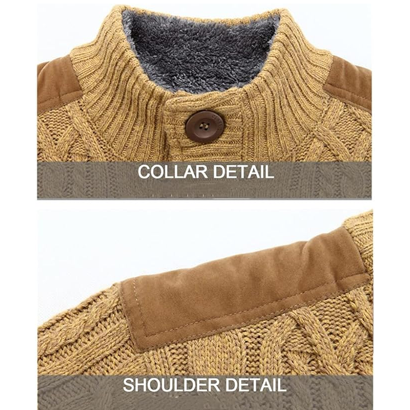 Men's Winter Warm Thick Cotton Plush Sweater Jacket, Thick & Plush Cable Knit Pullover with Stand Collar, Single Breasted Cardigan Casual Sweater Knitwear