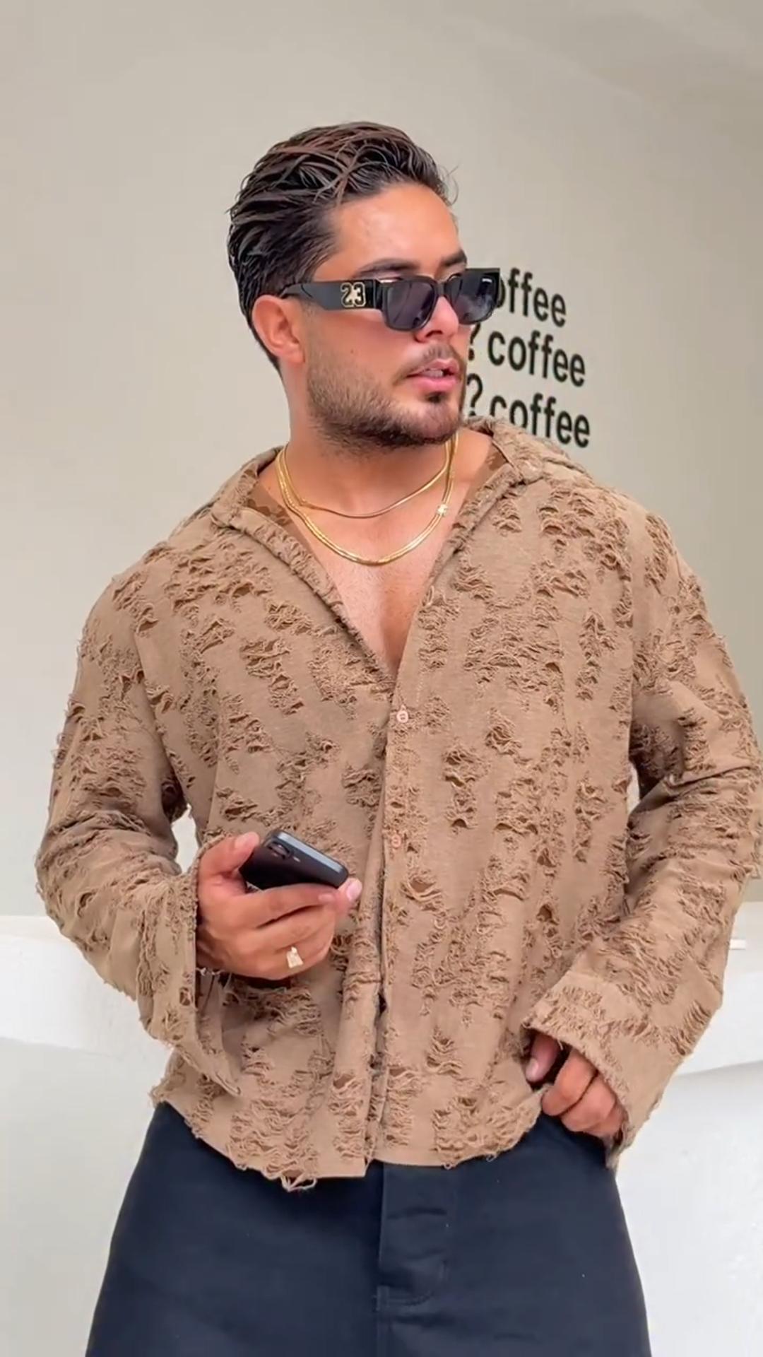 Men's Tattered Loose Large Size Long Sleeve Shirt