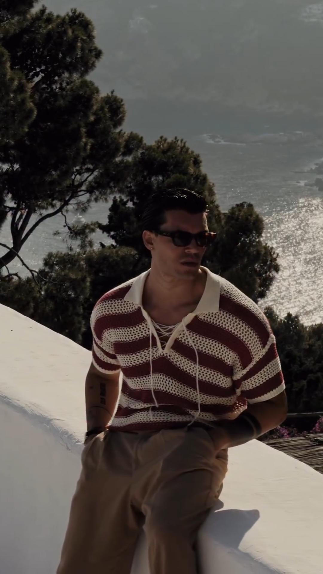 Striped Hollow Knit Sweater Short Sleeve Loose Polo Shirt