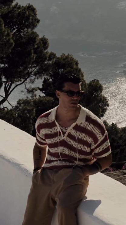 Striped Hollow Knit Sweater Short Sleeve Loose Polo Shirt