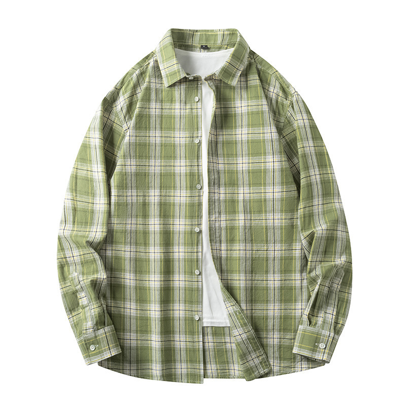 Men’s Japanese Vintage Plaid Shirt – Spring Fall Long-Sleeve Casual Overshirt, Breathable and Versatile Streetwear Style
