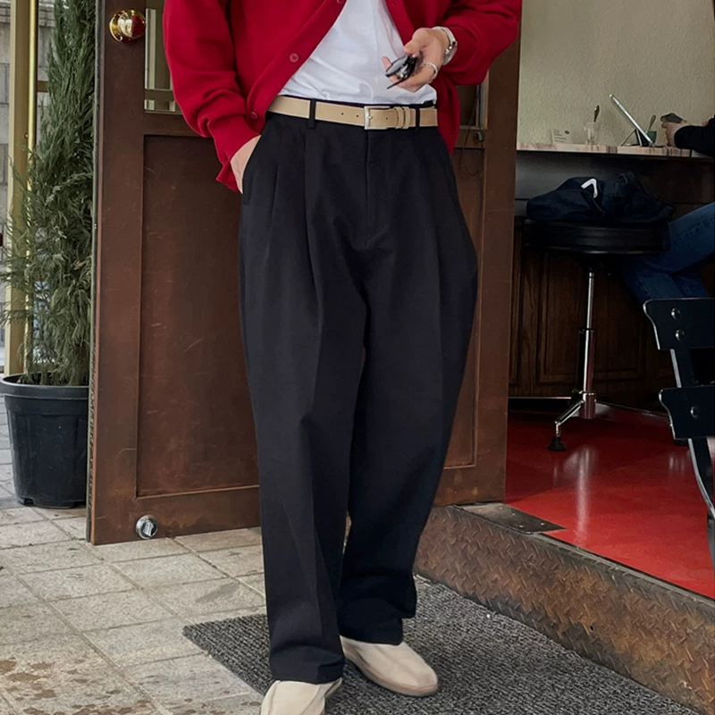 New Men's Wide Leg Trousers, Relaxed Fit Dress Pants with Double Pleat And Hidden Button, Business Casual Office Pants