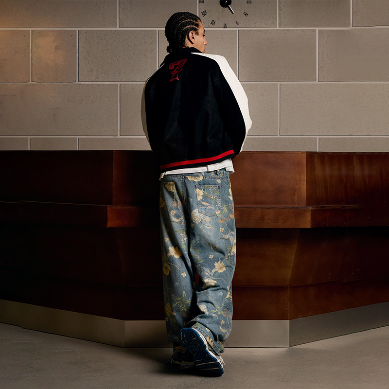 Men's Vintage All-Over Floral Print Washed Jeans, Casual Streetwear Wide Leg Denim Pants