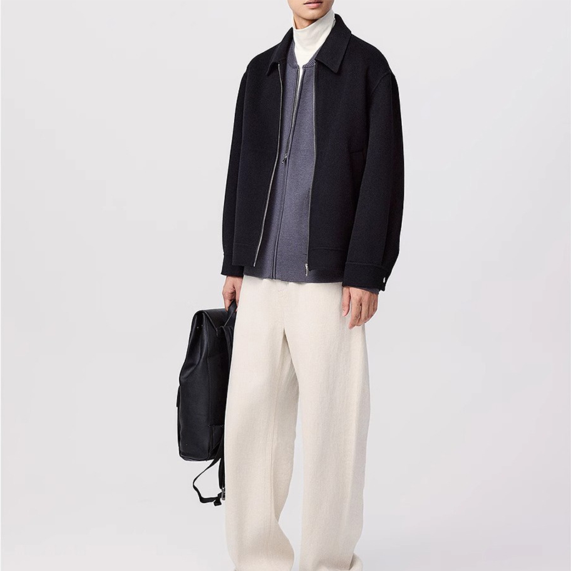 Men's Executive Wool Bomber, Zipper Front Notch Lapel Coat, Short Style Business Casual Winter Jacket