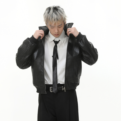 Men's Vintage Biker Short PU Leather Jacket, Unique Diamond Woven Texture Stand Collar Coat