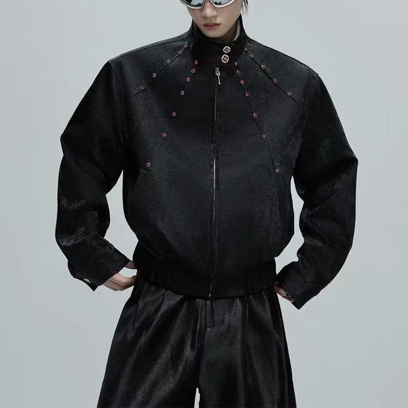 New Men's Python Texture Leather Jacket, Red Gem Studded Stand Collar Punk Coat