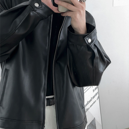 Classic Black Leather Jacket For Men, Casual Baseball Bomber Jacket, Versatile Motorcycle Style Jacket For Everyday Wear