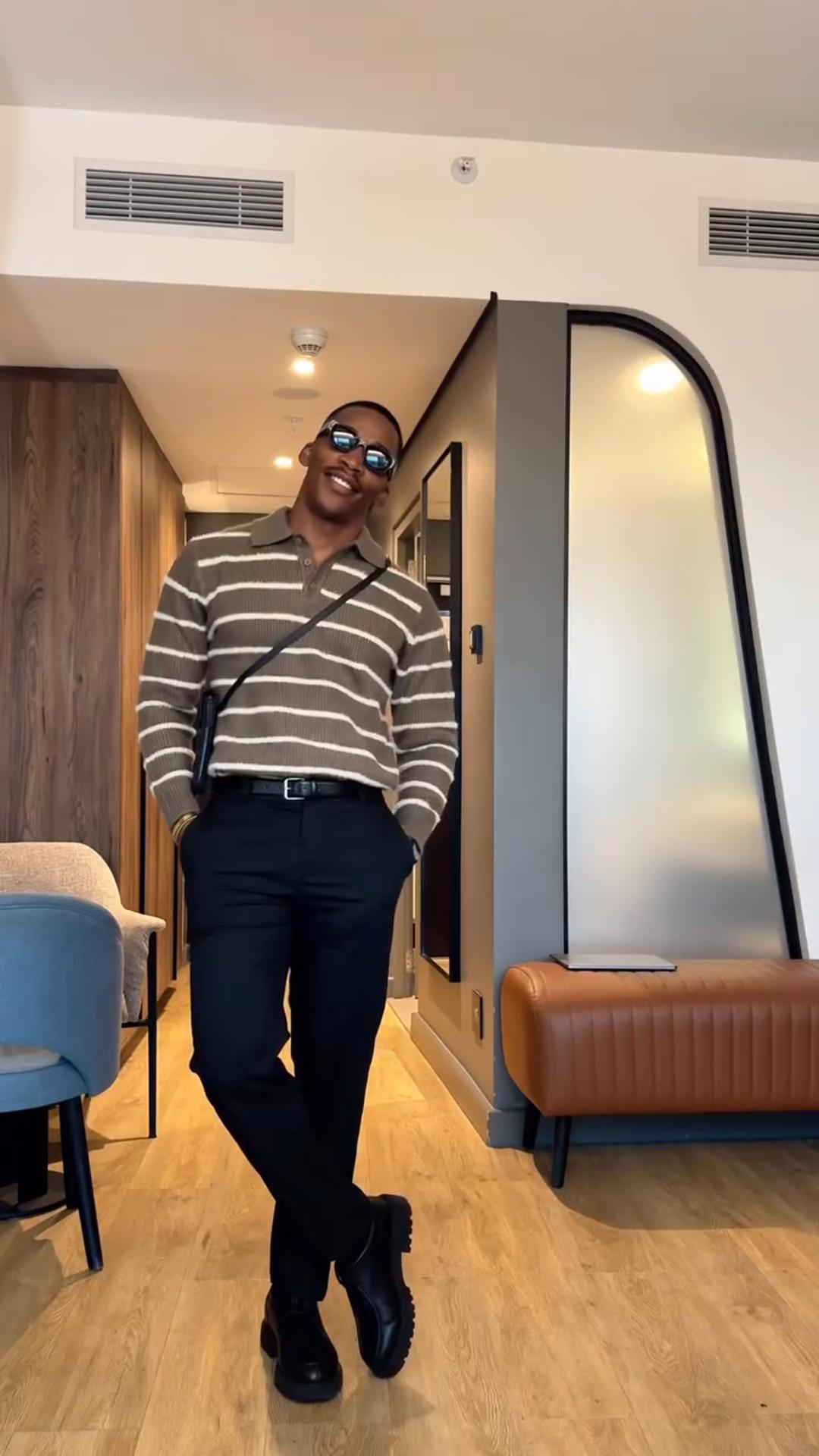 Men's Sweater Loose Lapel Contrast Color Striped Polo Sweater Long Sleeve