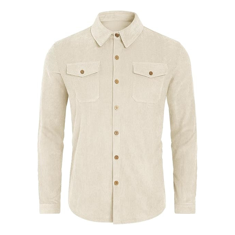 2025 Men's Corduroy Button Shirt Jacket Retro Striped Workwear Double Pocket Utility Design
