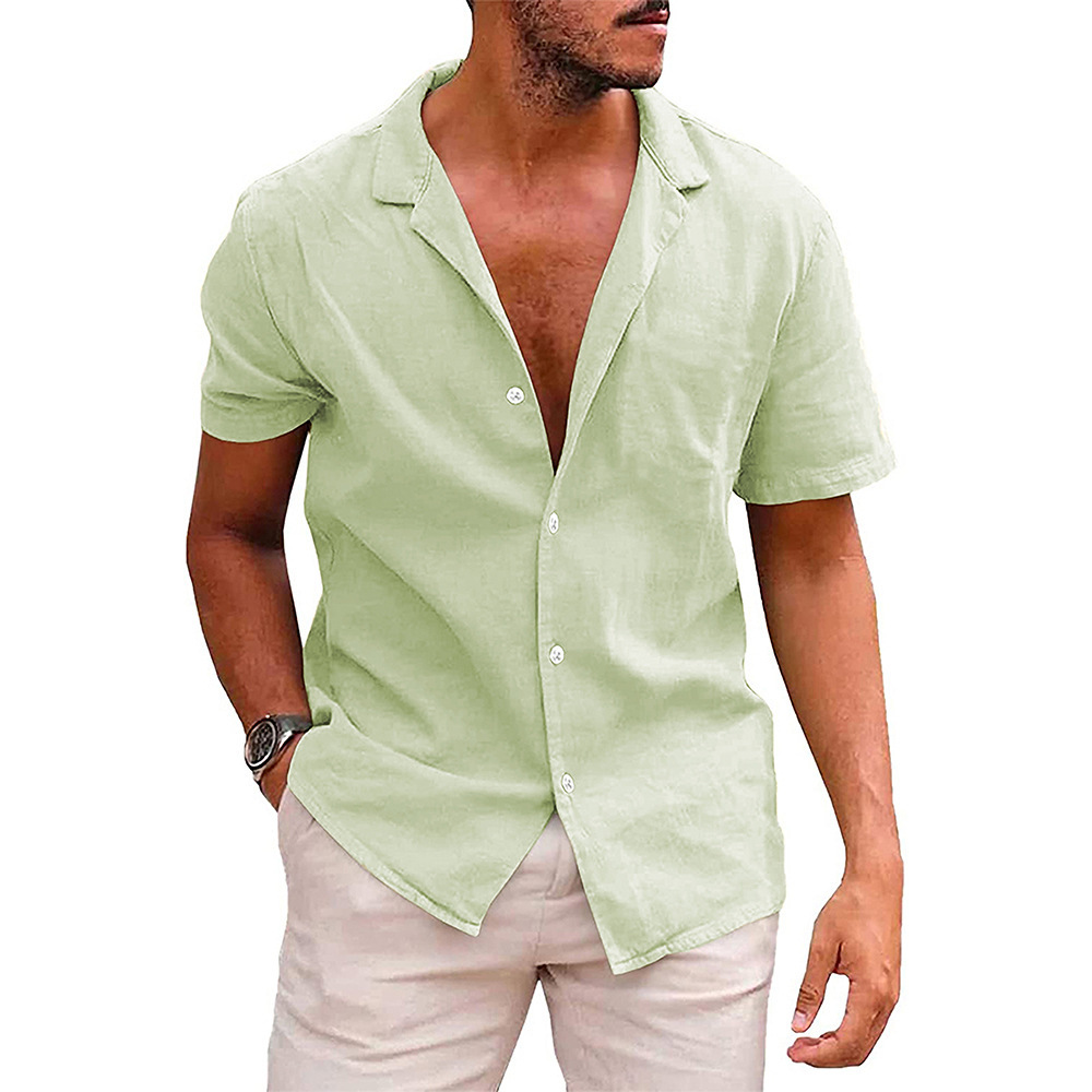 Men's Linen Cotton Short Sleeve Camp Shirt, Breathable Vacation Style Open Collar Button Shirt, Summer Essential