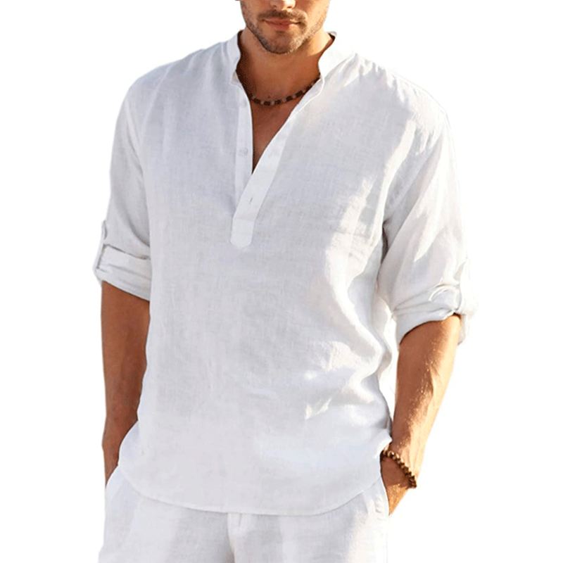 Men's Collar Linen-Cotton Shirt - Breathable Long Sleeve Minimalist Shirt for Casual & Business Wear