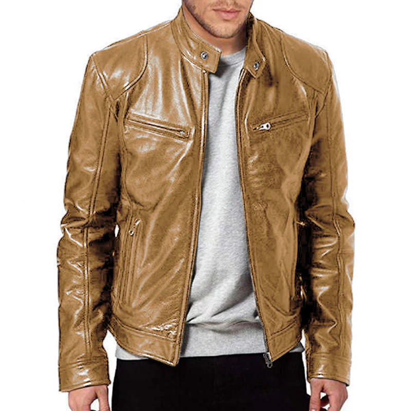 Men's Stand Collar Slim Fit Zip Pocket Leather Jacket